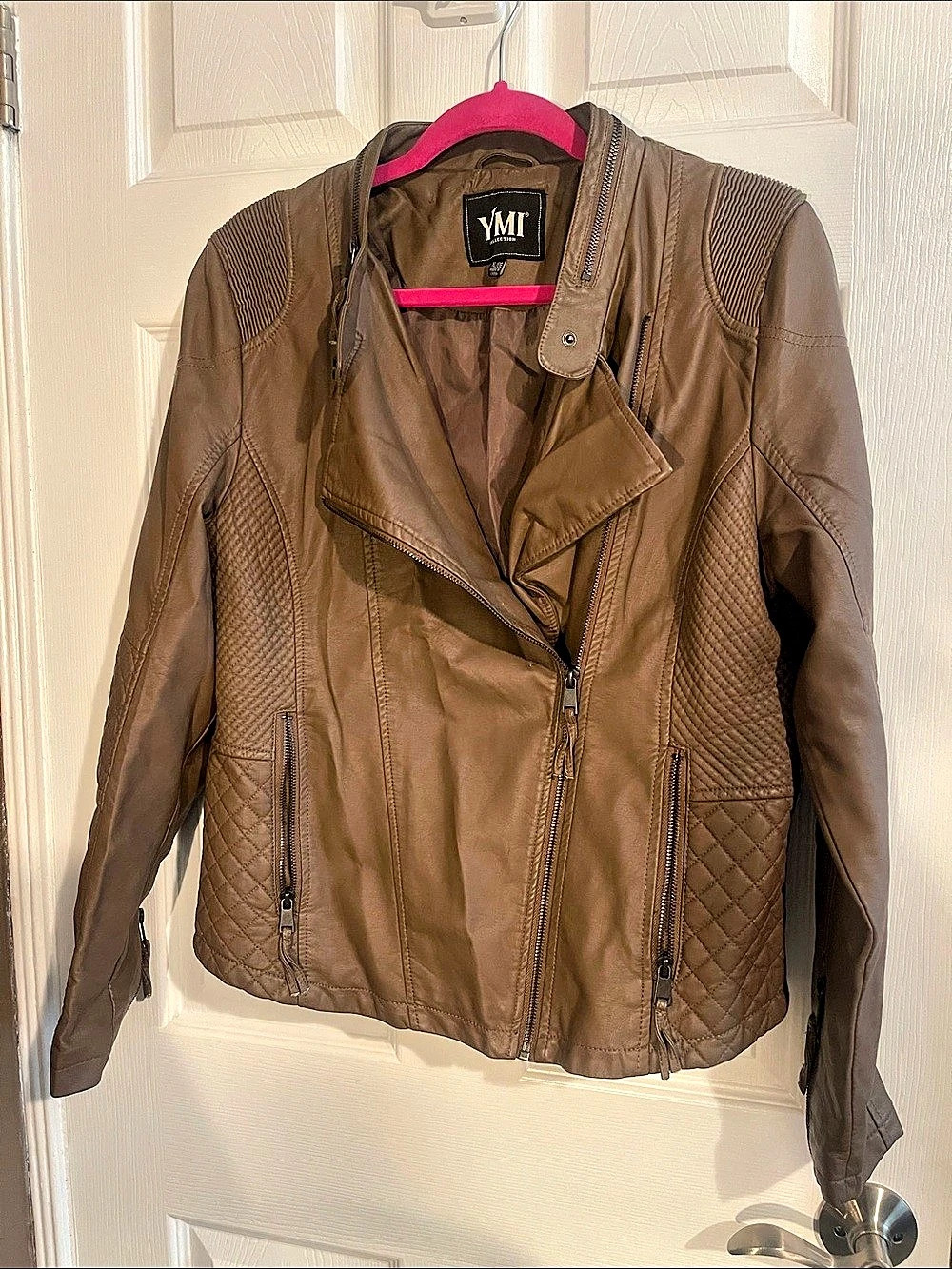 YMI Quilted Faux-Leather Jacket in Brown Size XL